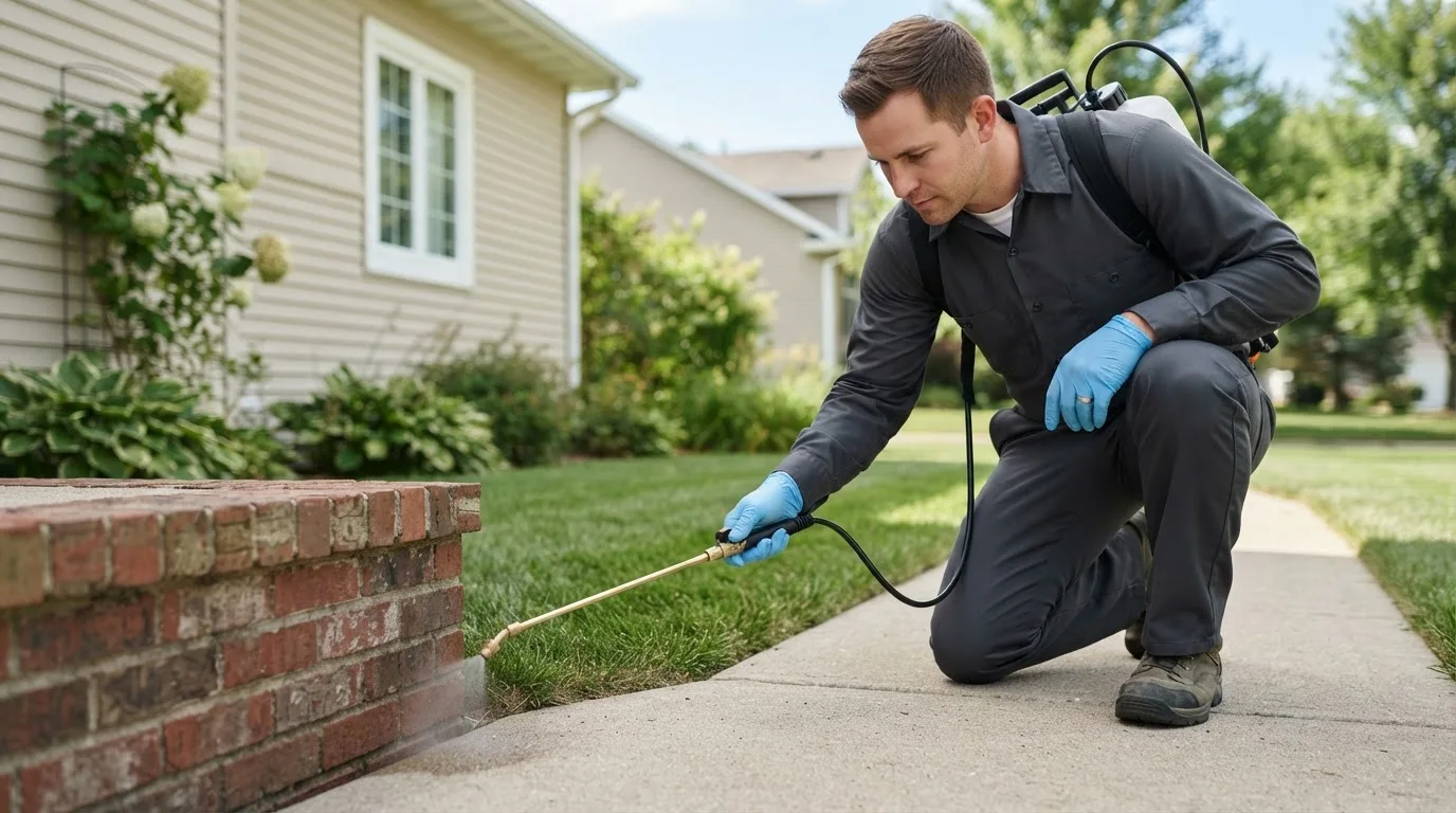 Pest control technician treating a home near Laurens, IA