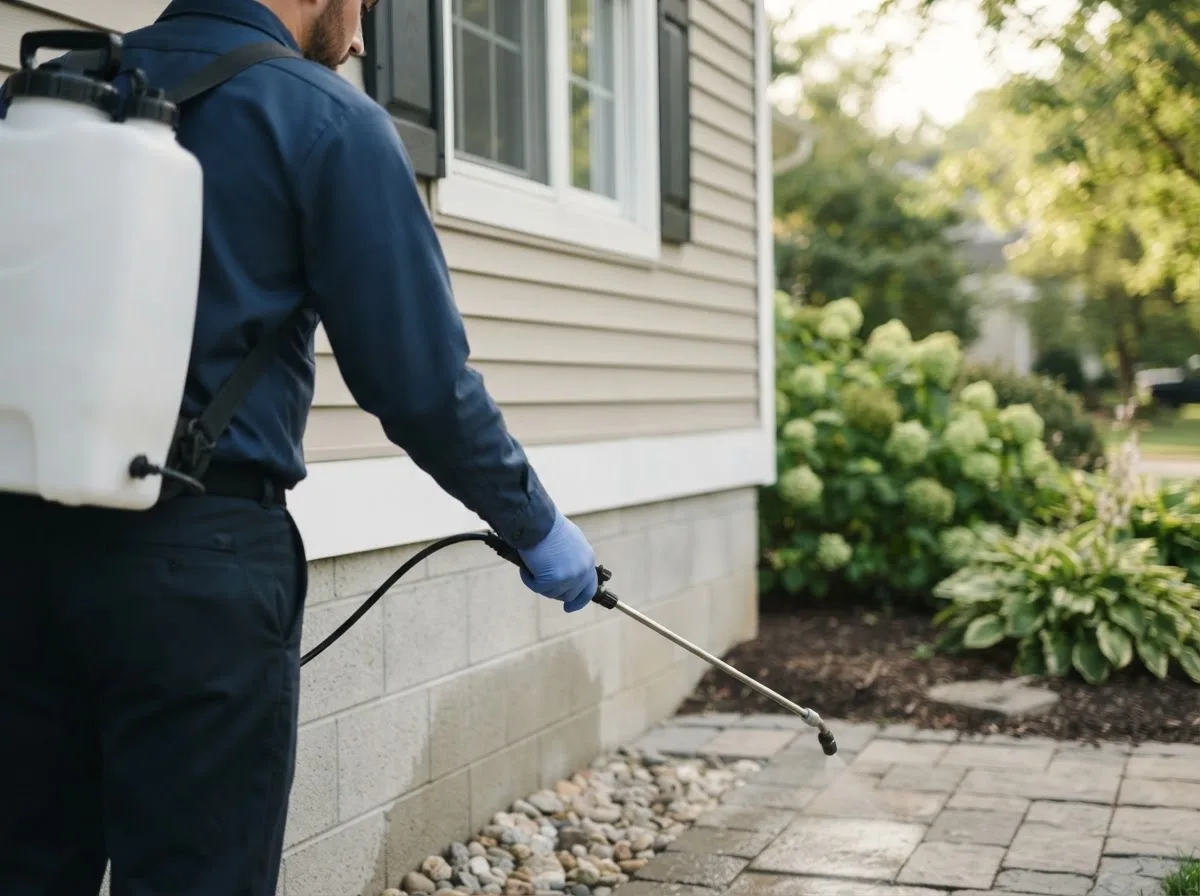 Pest control technician inspecting a home in Laurens, IA